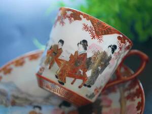  Meiji период экспорт керамика ... Kutani хлопок . дешево .. хлопок дешево производства яйцо . рука маленькая чашка & блюдце персона пейзаж документ изображение красавицы 