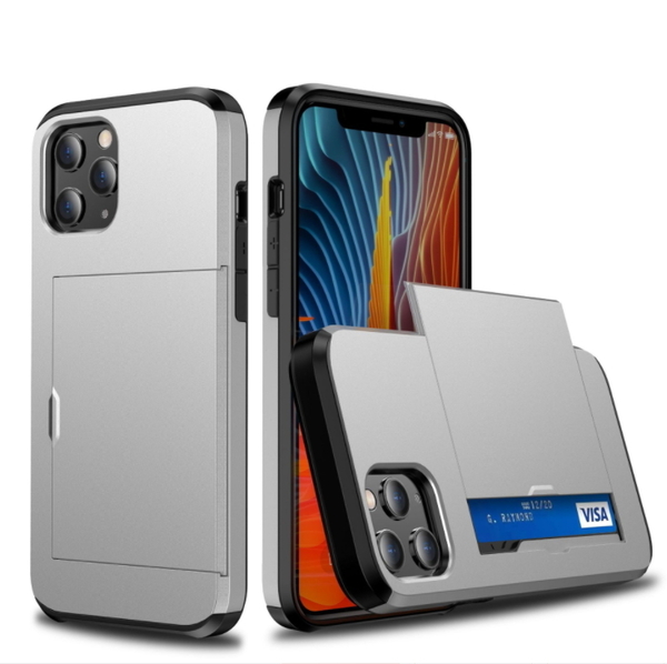 【国内発送・送料無料】iPhone12Pro用 シルバー 背面カード収納 スマホケース タッチ決済可能