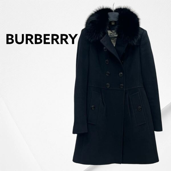 BURBERRY バーバリー ウール カシミヤ混 裏地チェック柄 ブルーフォックスファー付き コート レディース 3950720