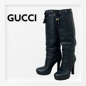 高級 GUCCI グッチ Gロゴ タッセルチャーム レザー ロングブーツ レディース 269734