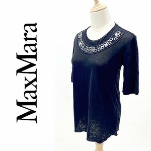 S MaxMara リネン100% Tシャツ カットソー ビジュー 装飾 刺繍 サマーニット 五分袖 薄手 ネイビー Sサイズ