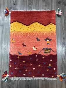 ペルシャ絨毯　手織り　ギャッベ　58×41cm 茜色　風景　女の子　テント　山羊