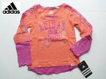 新品 adidas アディダス ★ピンク系　重ね着風　長袖　Tシャツ　袖に三本ライン　4　100_画像1