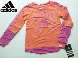 新品 adidas アディダス ★ピンク系　サーモン　重ね着風　長袖　Tシャツ　袖に三本ライン　6　120