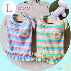 ボーダーフリルシャツ 花モチーフ付き ピンク L 犬服 ドッグウェア 春夏