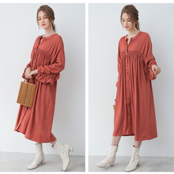 シャツワンピース ワンピース ロングスカート ロング シャツ 春服 ロング丈 長袖 ブラウン 長袖 ロングシャツワンピース