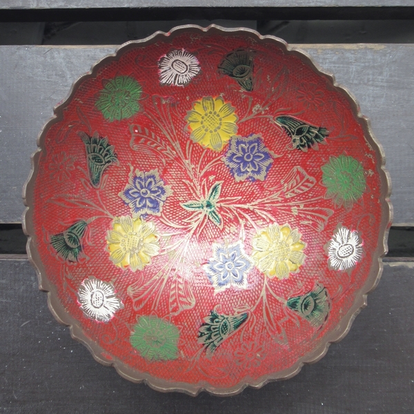 真鍮製*彩色供物皿　14.3センチ(赤)