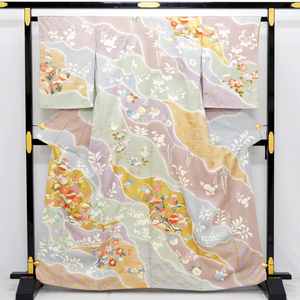 Art hand Auction 2F Kimono Chiso Homongi Kimono Sin firma Garantizado Kobe Compra antigua de la familia 163 cm Patrón Michinaga Pan de oro Bordado japonés Yuzen pintado a mano Excelente artículo Usado Envío gratuito (01-03-027), kimono de mujer, kimono, vestido de visita, Confeccionado