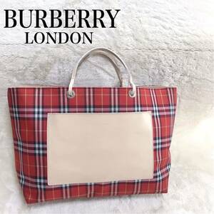 美品 BURBERRY LONDON 大容量 赤 チェック トートバッグ レザー ハンドバッグ キャンバス バーバリーロンドン 総柄 マルチカラー