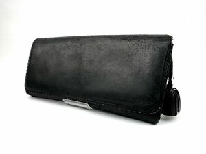 ロエベ LOEWE 長財布 シープスキン タッセル 黒 紫 ブラック アナグラム ロングウォレット　二つ折り　フリンジ　レディース