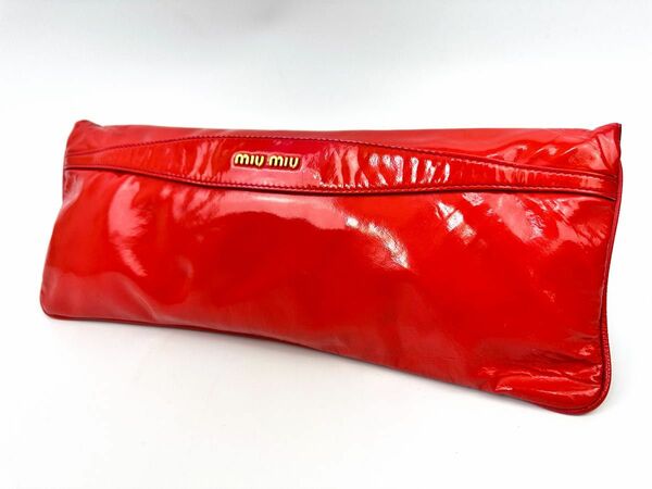 ミュウミュウ MiuMiu リボン クラッチバッグ ポーチ レッド 赤 紫 牛革 パテントレザー ギャザー 保存袋 白タグ37
