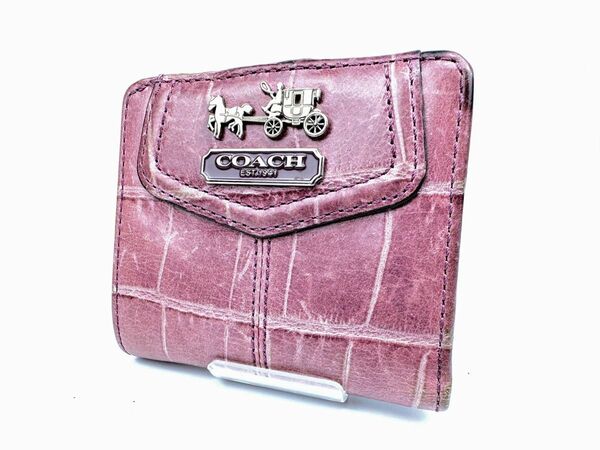 コーチ クロコ型押しレザー ２つ折り財布 COACH ミニウォレットお札入れ 赤紫 ピンク パープル 二つ折り財布 馬車金具紫ロゴ