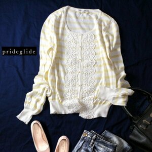 ☆☆ 美品 prideglide プライドグライド ☆☆ 可愛い レース・ボーダー柄 コットン ニット カーディガン 38号 M 春 夏 23A03