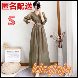 新品パーティードレス ワンピース ロング シフォン ロングワンピース 結婚式 二次会 お誕生日 七五三 入学式 卒業式 お呼ばれグリーンS