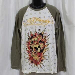 エドハーディー ED HARDY メンズ長袖Tシャツ カーキ Lサイズ M03TTMR312 新品 ラグランスリーブ アメリカ製