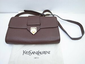 【イヴ・サンローラン】ヴィンテージ ショルダーバッグ カサンドラ 斜め掛け YSL 三角プレート レザー ブラウン