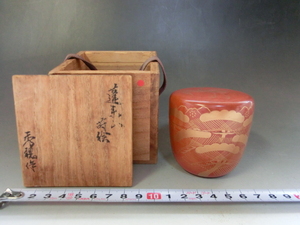 棗■松 鶴の絵 蓬莱山 蒔絵 秀穂作 朱塗 漆器 お茶道具 古美術 時代物 骨董品■