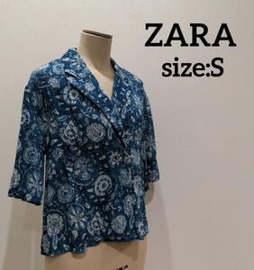 ザラ zara 開襟シャツ ブラウス 藍染め風 アロハシャツ レディース S