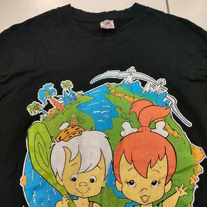 FRUIT OF THE LOOM 90s USA製 HANNA BARBERA 原始家族フリントストーン プリント 半袖Tシャツ フルーツオブザルーム ブラック Lサイズの画像3