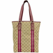 グッチ トートバッグ ベージュ ピンク シェリー 162899 チャーム付 キャンバス レザー 中古 GUCCI_画像1