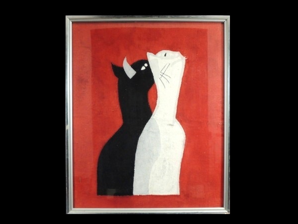 Reproduction/Dye artist Chiyo Kato/ Black Cat and White Cat /Dye painting/Framed item/Cat/Cat/Fabric painting/Artist's work/Folk art/Folk craft/Local folk art/Artwork, Artwork, Painting, others