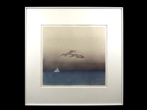 真作/小浦昇/「Whale/鯨」/銅版画/額装品/直筆サイン入り/ 5/30 /額寸:60×60cm/ファンタジック世界/幻想絵画/作家物/美術品