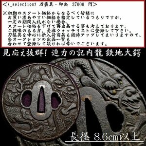 【刀装具 #2803】 （鍔） 見応え抜群の雲龍図　鉄地大鍔 長径：8.6ｃｍ以上 真鍮象嵌 【迫力の記内龍が施された名作鍔】