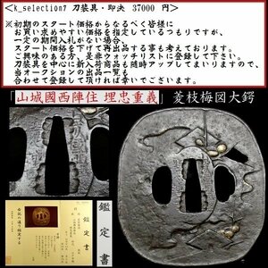 【刀装具 #2805】 （鍔） 「山城國西陣住 埋忠重義」 菱枝梅図　鉄地大鍔　長径：8.3ｃｍ以上 鑑定書付 【雅な細工の埋忠家の優品】