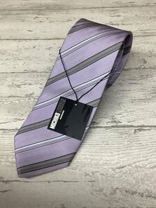 新品★ミチコロンドン日本製ネクタイ　綺麗なパープルベースにサックスブルーラインのストライプ　シルク100%お買い得サービス