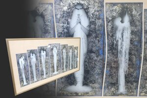 Art hand Auction 시바사키 치고 양초와 기도하는 사람, 파란색 혼합 매체 초현실주의 그림 대형 액자 / 현대 미술 사진 종교 그림, 삽화, 그림, 다른 사람