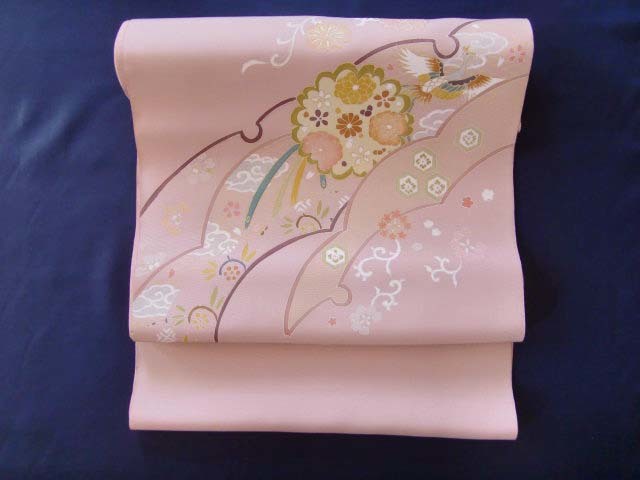 [New item] [With tailoring] Hand-painted Yuzen dyed Nagoya obi Snow ring with auspicious pattern Pale mauve Japanese silk Practice party silk Nagoya obi Unused Untailored Obi Elegant, band, Fukuro obi, untailored