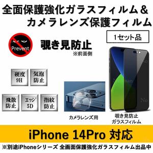 iPhone14Pro対応 覗き見防止全面保護強化ガラスフィルム&背面カメラレンズ用透明強化ガラスフィルムセット