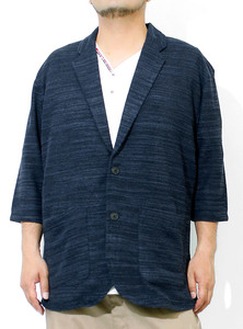 【新品】 5L ネイビー テーラードジャケット メンズ 大きいサイズ 七分袖 スラブ サマーニット 薄手 ジャガード柄 切替 ジャケット