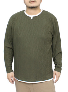 【新品】 3L カーキ 長袖Tシャツ メンズ 大きいサイズ キーネック クルーネック ジャガードストライプ フェイクレイヤード カ