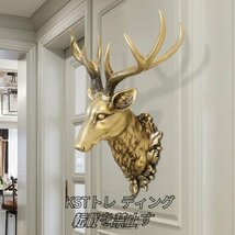 ★極美品★鹿 頭 彫像 リアル 3D 動物 彫刻 壁掛け 壁画 アンティーク オブジェ ヨーロッパスタイル ゴールド ブロンズ_画像2