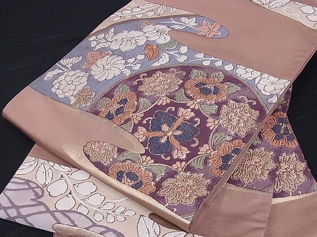 着物正絹 六通袋帯【花 立涌】No1200西陣織「立涌花文」六通柄正絹袋帯