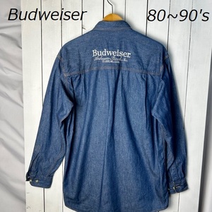 sh●453 80s～90s Budweiser ロゴ刺繍デニムシャツ M～L バドワイザー オールド ヴィンテージ 長袖 ビール 企業物