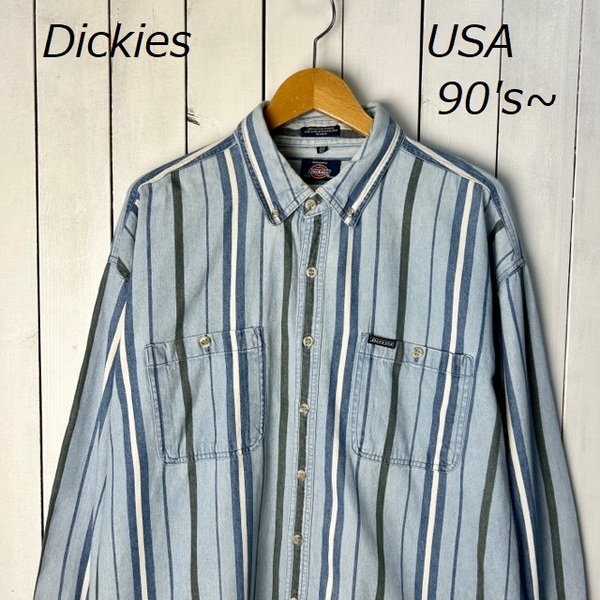sh●456 USA古着 90s～ Dickies ランダムストライプBDデニムシャツ XL～2XL オールド ヴィンテージ アメリカ ディッキーズ オーバーサイズ