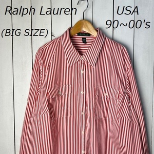 sh●472 USA古着 90s～00s Ralph Lauren ビッグサイズ ストライプワイドシャツ ブラウス 2X 赤 オールド アメリカ古着 ラルフローレン