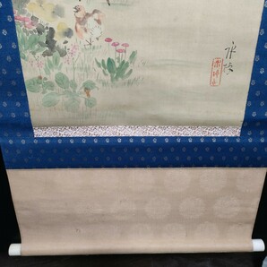 真作 川船水棹 絹本肉筆 にわとり 桜 長野県内より蔵出し 花鳥 日本画家 日本画 掛け軸 掛軸 ｌ8-2の画像6