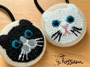 tossam ヘアゴム くるみボタン 刺繍 猫 2点 セット