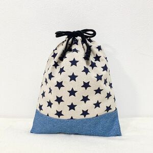 送料無料【入園・入学】高学年まで使えるシンプルデニム×星柄のオシャレ体操服袋 巾着袋 体操着袋 お着替え袋 ハンドメイド