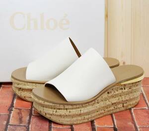 美品☆クロエ【Chloe】ウェッジソール サンダル／25.0cm（38.5）／ホワイト×ベージュ／レザー／箱・保存袋付／2302-K0057V(NT)