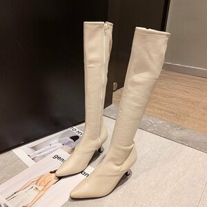  boots lady's long boots high heel po Inte dotu pin heel long height shoes shoes beautiful legs fatigue not 22cm~24.5cm beige 