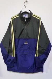 90's adidas アディダス ナイロンジャケット ハーフジップ プルオーバー size L モスグリーン×ネイビー×イエロー