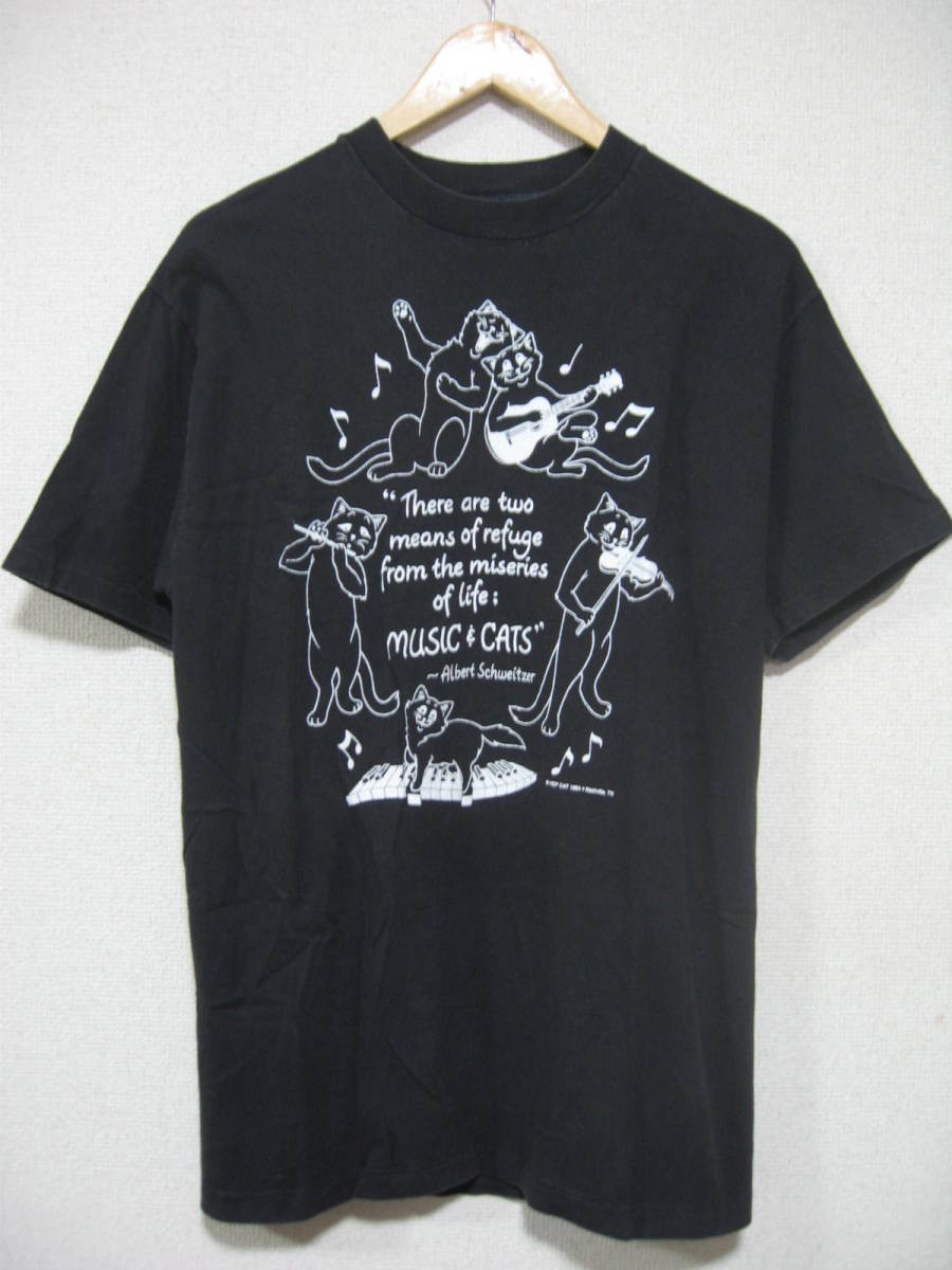 90\'s Albert Schweitzer MUSIC&CATS Vintage Hanes Tee size M USA製 シュヴァイツァー 音楽 猫 Tシャツ ブラック ビンテージ
