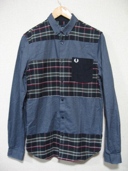 FRED PERRY フレッドペリー 長袖シャツ ボタンダウン シャンブレー生地 チェック切替 size S ロゴ刺繍