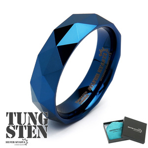 タングステン ダイヤカットリング ブルー 青 指輪 シンプル blue 刻印 メンズ 専用BOX付属 金属アレルギー (17号)