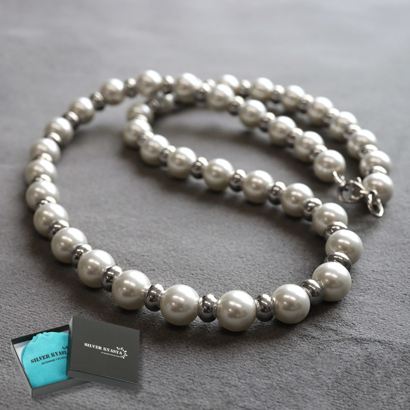 18Kメッキ ハンドメイド pearl necklace 銀色 ステンレス (50cm), メンズアクセサリー, ネックレス, その他