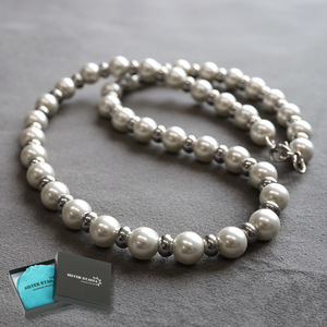 Art hand Auction 18K plated handmade pearl necklace in silver and stainless steel (50cm), Men's Accessories, necklace, others